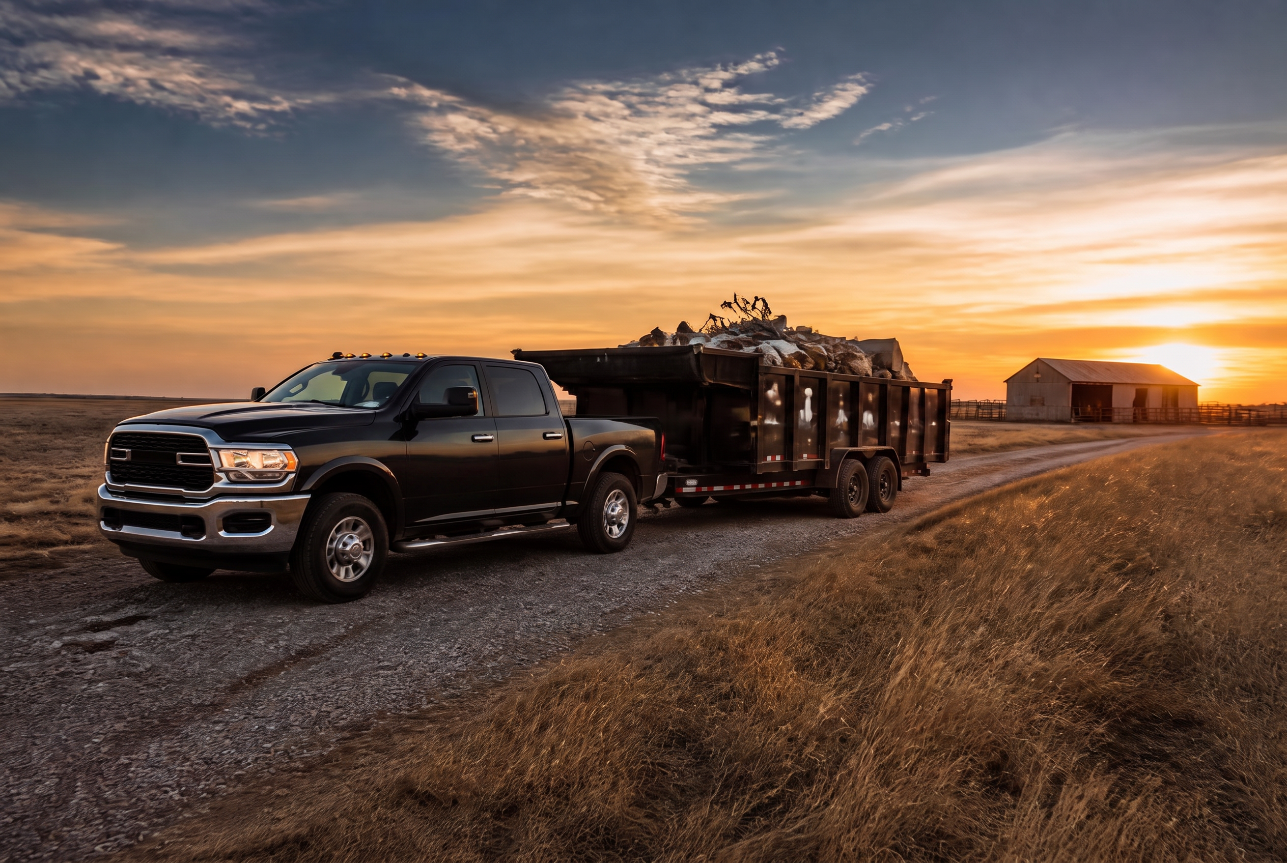 Junk removal truck and loaded trailer on an Oklahoma country road at sunset